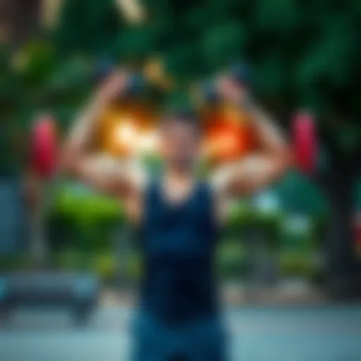 A person lifting weights in a park, showcasing physical strength and fitness