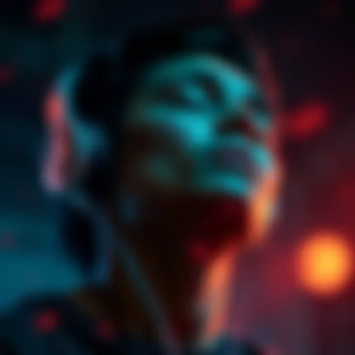 A person immersed in music, eyes closed, with a serene expression, depicting an intense emotional connection.