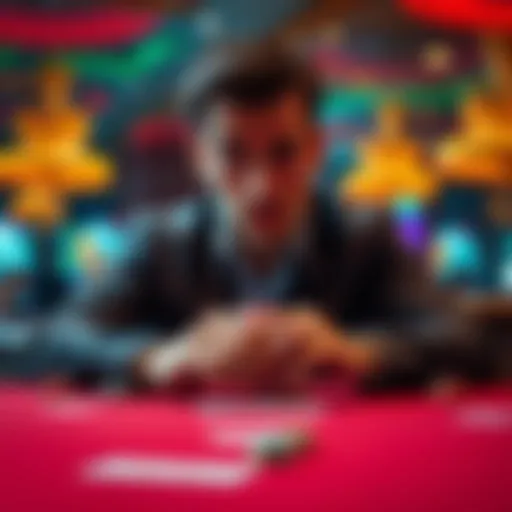 A person looks anxious while placing bets at a casino table with cards and chips in view.