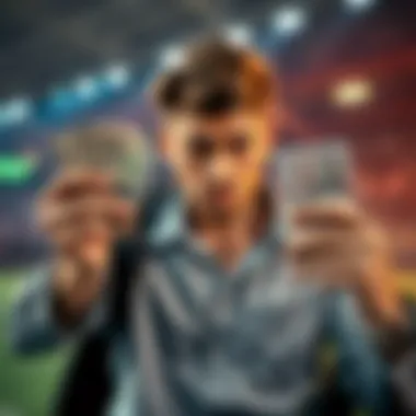 A bettor looks disappointed while holding cash in one hand and a betting slip in the other, highlighting the struggle between securing a small win and risking it for a bigger reward.