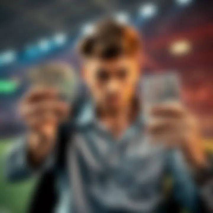 Person holding cash and looking frustrated A bettor looks disappointed while holding cash in one hand and a betting slip in the other, highlighting the struggle between securing a small win and risking it for a bigger reward.
