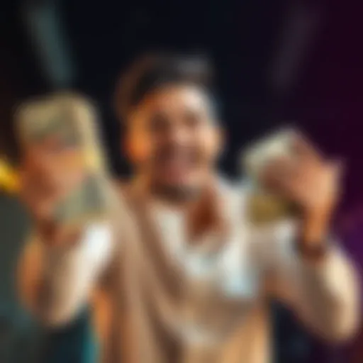 A person enthusiastically holding a stack of cash with a smile, representing investment opportunities.