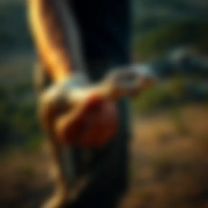 A person gently holding a snake while standing in nature, showcasing a moment of connection and balance with the reptile.