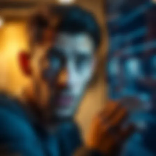 A person with a worried expression examines online comments on a screen, highlighting issues of trust and disbelief.