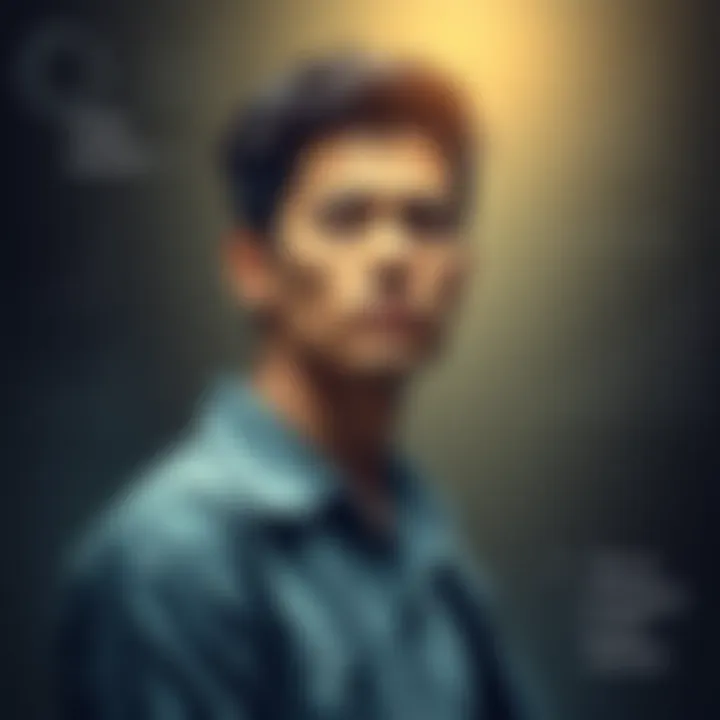 A focused individual stands with a thoughtful expression, symbolizing the pursuit of a goal. They are surrounded by supportive elements like charts and motivational quotes.