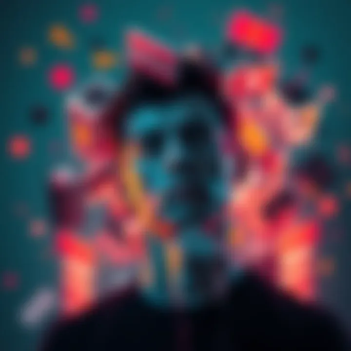 A person appears deep in thought, surrounded by abstract representations of mental blocks and barriers, symbolizing mental blocks and creativity challenges.