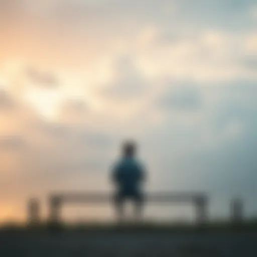 A person sitting alone on a bench looking contemplative, with a soft, cloudy sky in the background, symbolizing mental health struggles and reflection.