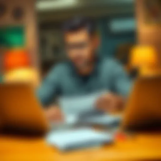 A person sitting at a table, looking worried while examining financial documents and a laptop, symbolizing the stress of financial loss.