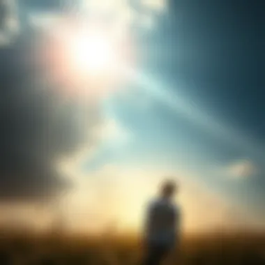 A person standing outdoors, gazing upwards with a sense of wonder and hope, as sunlight breaks through the clouds