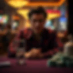 Person overcoming gambling temptation Individual reflecting on struggles with gambling after 90 days of sobriety, sitting at a table with a glass of water, looking concerned and thoughtful