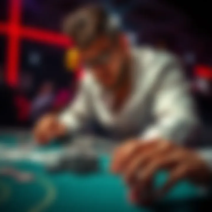 A close-up of a person intently playing poker at a table with cards and chips