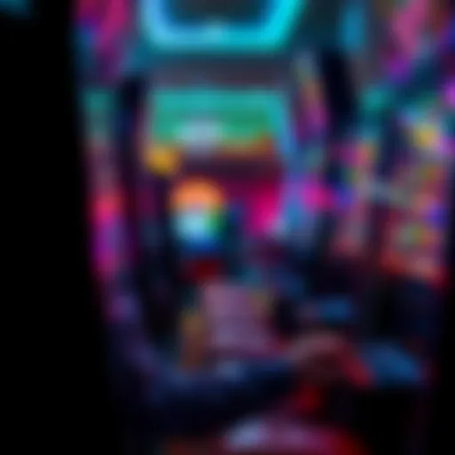 A person focused on a slot machine, observing the game features and credits, with colorful lights flashing around them.