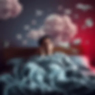 Person questioning reality A person sitting on a bed, looking thoughtful with a dreamy expression, surrounded by floating images of dreams and reality.