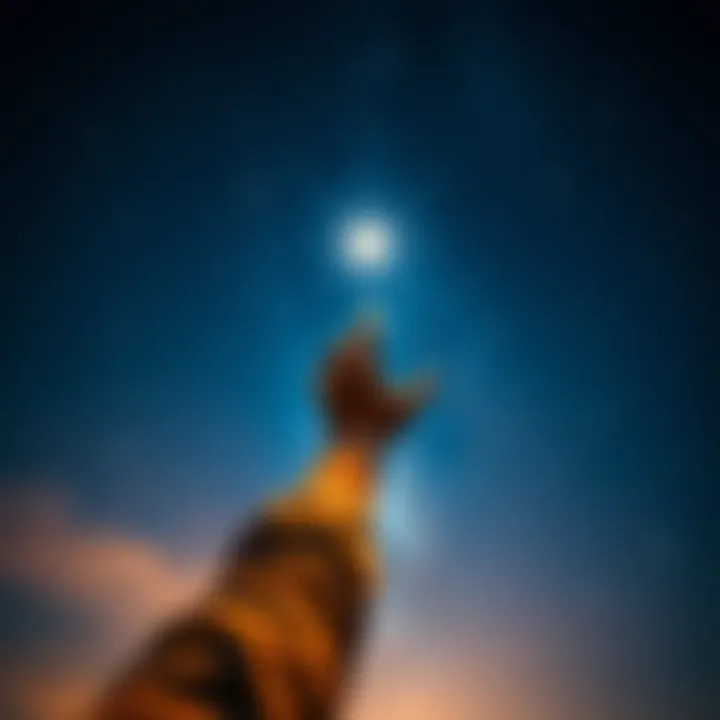 A person stretching out their hand towards a bright star in the night sky, symbolizing the pursuit of dreams and goals.