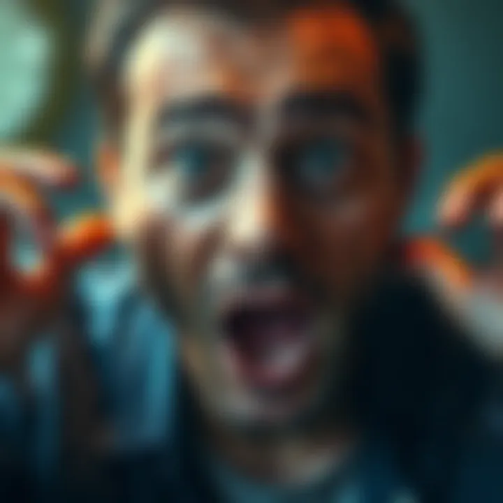 A person with wide eyes and open mouth, expressing surprise and stress in a tense moment