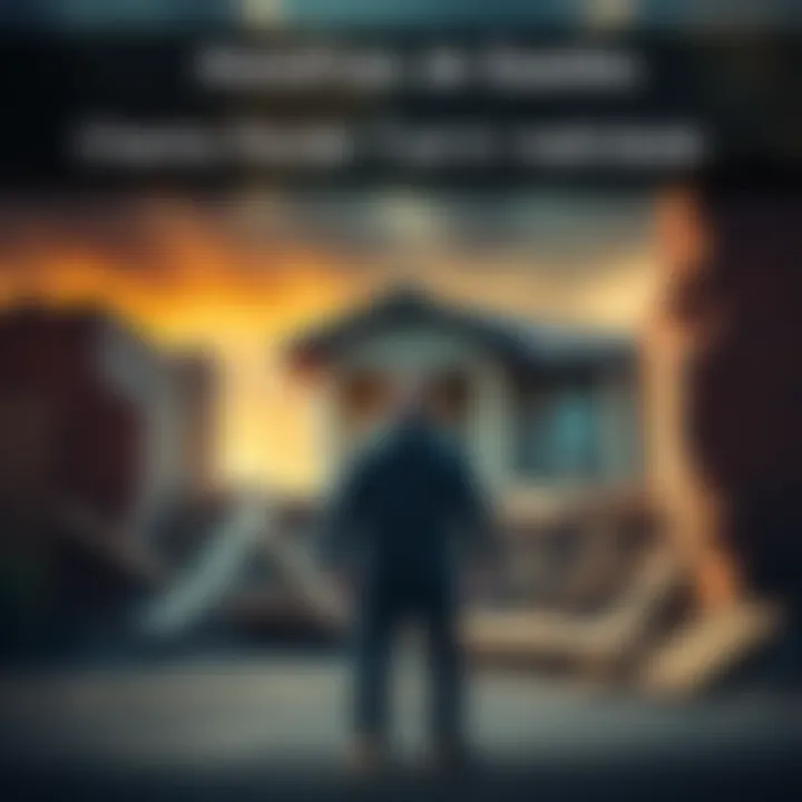 A person standing in front of a broken home, looking determined and hopeful to rebuild their life after a major setback.