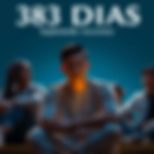 A person sitting peacefully with a thoughtful expression, symbolizing their journey of overcoming challenges and finding inner strength, surrounded by supportive friends and family.