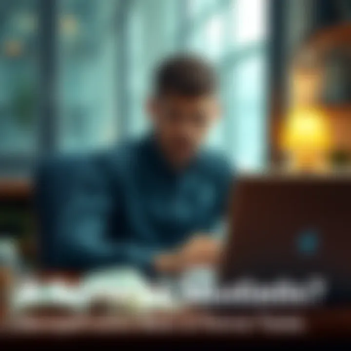 Individual looking thoughtful while sitting at a desk with bills and a laptop, symbolizing financial challenges and change
