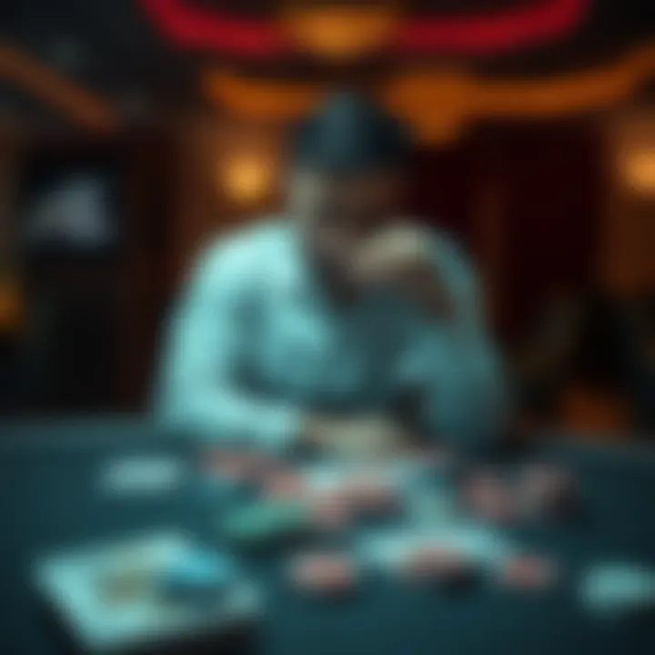 Person reflecting on gambling losses A person sits at a table looking contemplative, with playing cards and chips scattered around, symbolizing the impact of gambling losses.