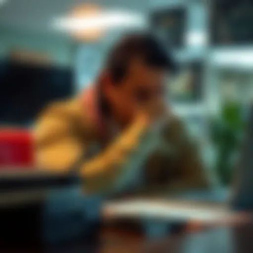 A person sitting at a desk with their head in their hands, looking tired and thoughtful after a tough day.
