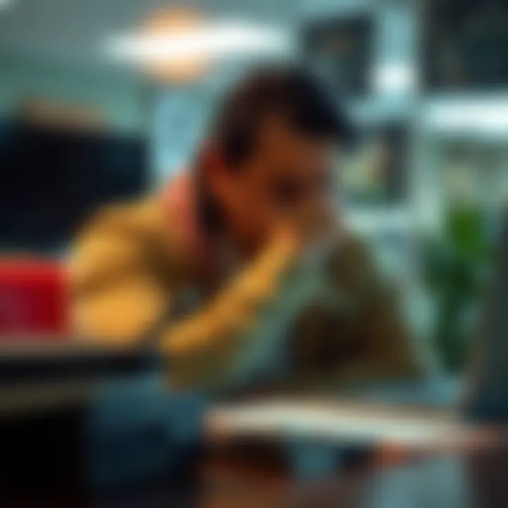 A person sitting at a desk with their head in their hands, looking tired and thoughtful after a tough day.