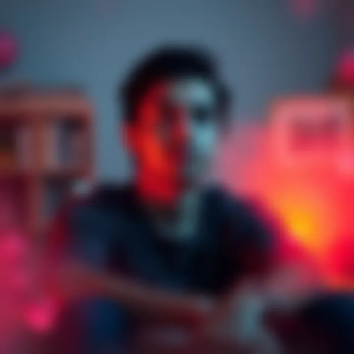 A person sitting quietly, looking thoughtful with a serene expression, surrounded by soft colors symbolizing emotions