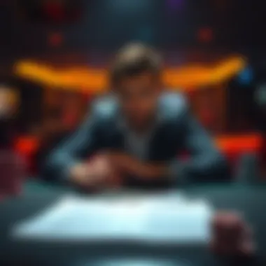 Individual sitting at a table with poker chips and a notebook, contemplating their gambling experiences and decisions.
