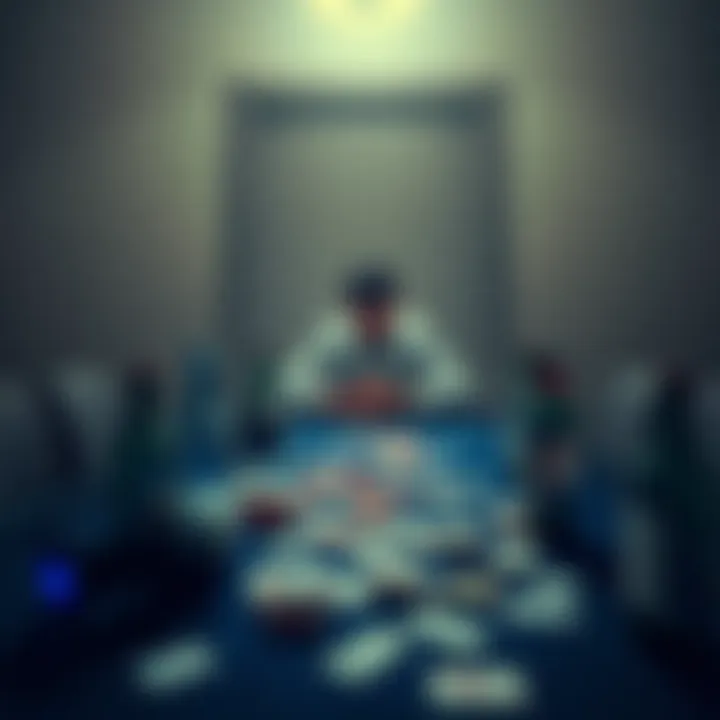 Person Reflecting on Gambling A person sitting alone at a table with scattered playing cards and empty bottles, looking contemplative and troubled about their gambling losses.