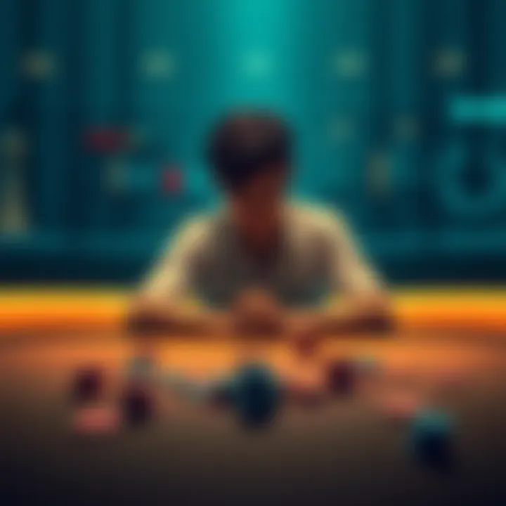 A person sitting alone at a table, looking contemplative with gambling chips scattered around, symbolizing a tough day of betting.