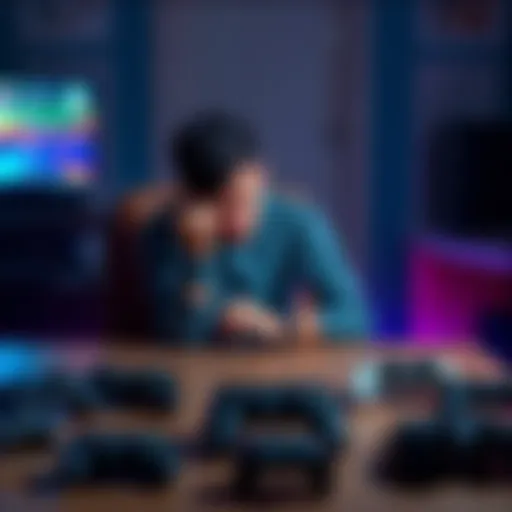 Individual sitting at a table with game controllers surrounding them, showing expression of frustration and contemplation about gaming behavior.