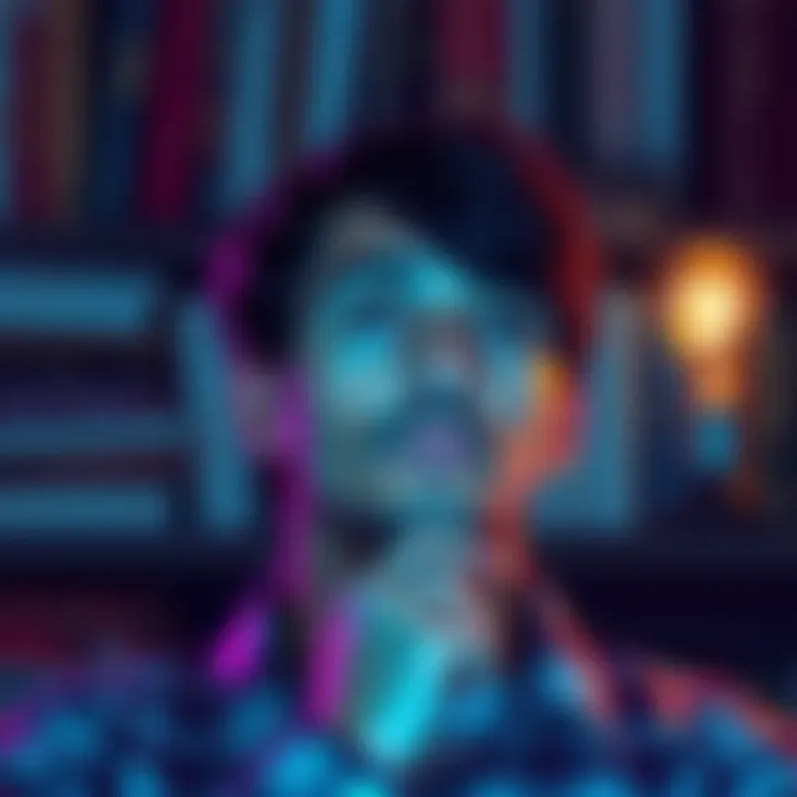 A person looking thoughtful, pondering their intelligence and self-worth, with a background of books and a light bulb representing ideas.