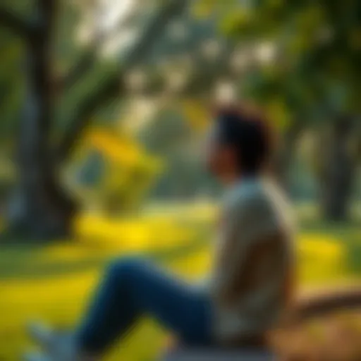 Individual sitting quietly in a park, thinking about personal relationships and self-care