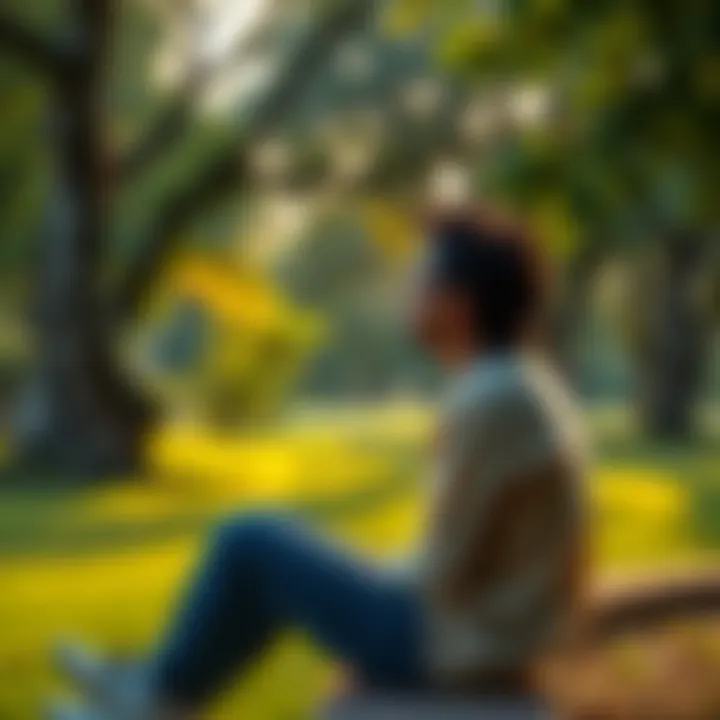 Person reflecting on life connections Individual sitting quietly in a park, thinking about personal relationships and self-care