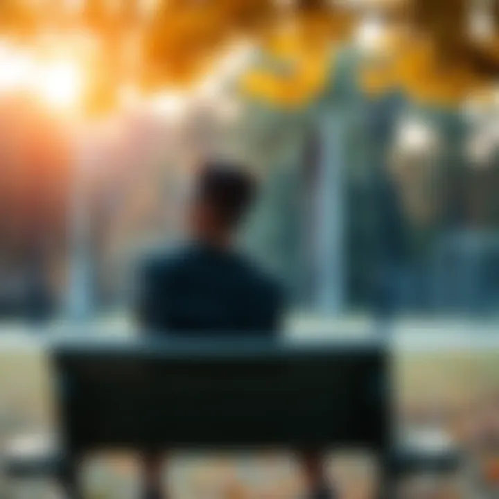 A person sitting on a park bench, looking contemplative with a distant gaze, surrounded by autumn leaves symbolizing change and growth from losses.