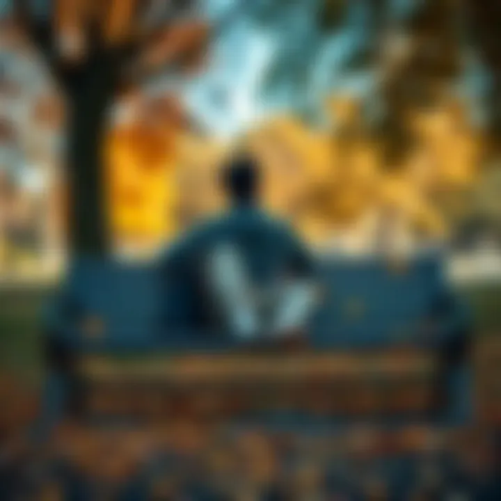 A person sitting on a park bench looking thoughtful, surrounded by fallen leaves, symbolizing reflection and learning from past mistakes.