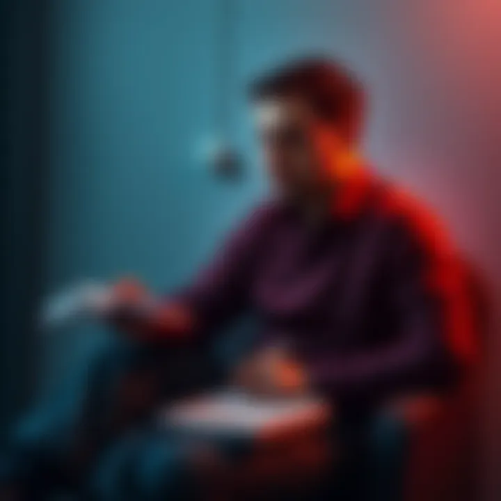 A person sitting alone, looking thoughtful and concerned, with a notebook and pen in hand, symbolizing their struggle and desire for recovery after a setback in gambling.