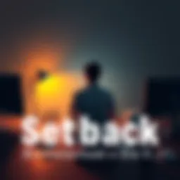 A person sitting alone, looking contemplative and frustrated, symbolizing a setback in their journey. They are surrounded by notes and a computer, representing online support forums.