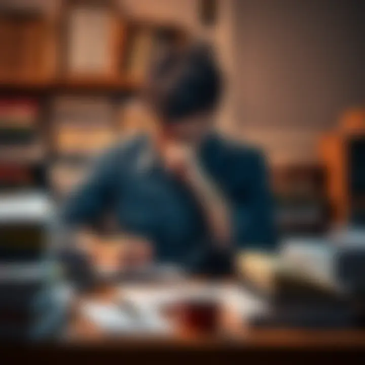 A frustrated individual surrounded by books and papers, focused on their own research at a desk.