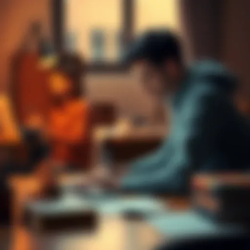 A person sitting at a desk, looking at a laptop with notes and books around, symbolizing the importance of research in decision making