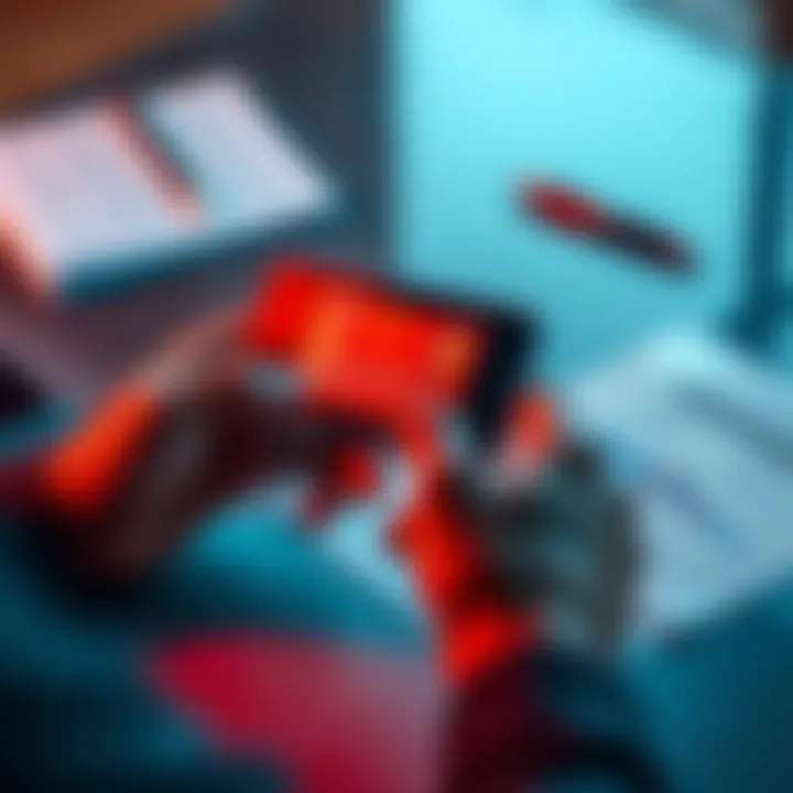 A person holding a smartphone to scan a debit card on a table with papers and documents.