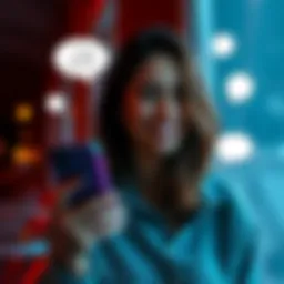 Person sharing a secret A person smiling while holding a phone, hinting at exciting news, with conversation bubbles around them.