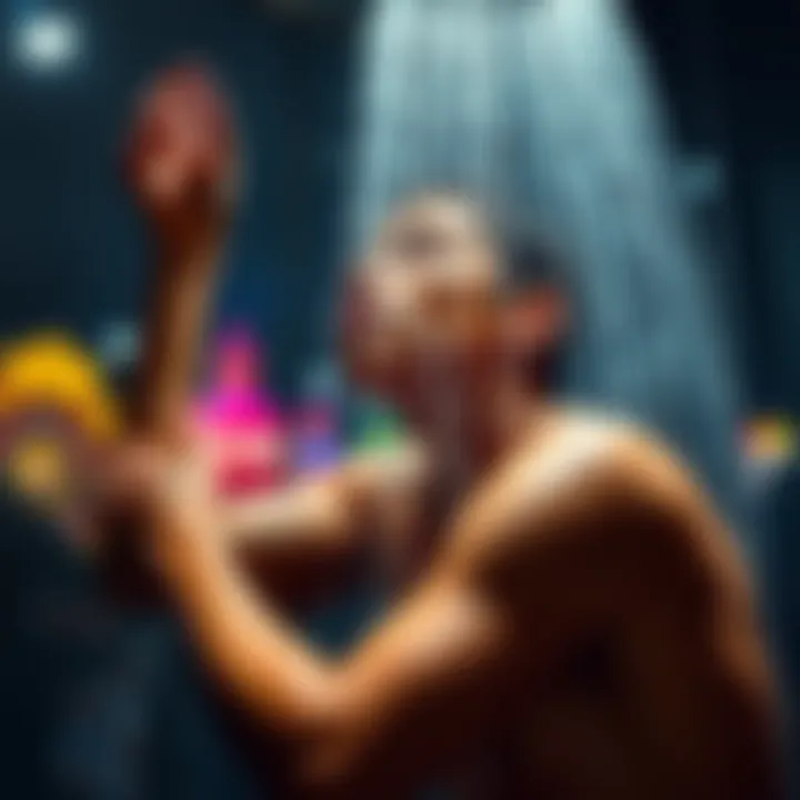 A person taking a shower, preparing to go to a casino, emphasizing personal hygiene