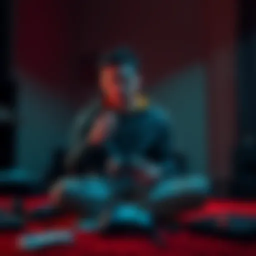 A person looking distressed while sitting in a dimly lit room, holding a game controller with scattered game-related items around them, illustrating the impact of gaming addiction.