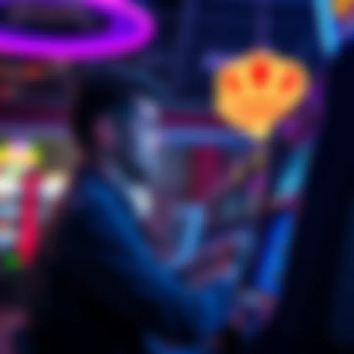 A person sitting at a slot machine, looking conflicted between stopping and playing again, with bright casino lights in the background.