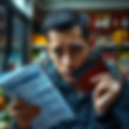 A person looking worried while holding an empty wallet and a grocery list, symbolizing hunger and financial difficulties.