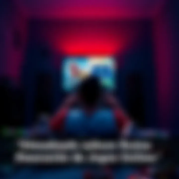 A person sits alone in a dimly lit room, looking distressed while staring at a computer screen showing a gaming interface. Empty energy drink cans and snack wrappers are scattered around, highlighting their struggle with addiction to online gaming.