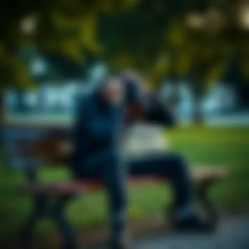 A person sitting alone on a park bench, looking distressed while holding their head in their hands, symbolizing the battle against addiction and financial issues.