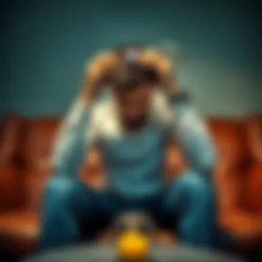 Person Struggling with Bad Habits A person sitting on a couch, looking contemplative and worried as they hold their head in their hands, symbolizing the challenges of quitting bad habits.