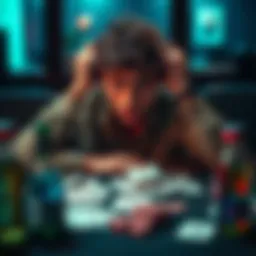 A person sitting at a table surrounded by playing cards and empty drink bottles, looking stressed and worried about their financial situation.