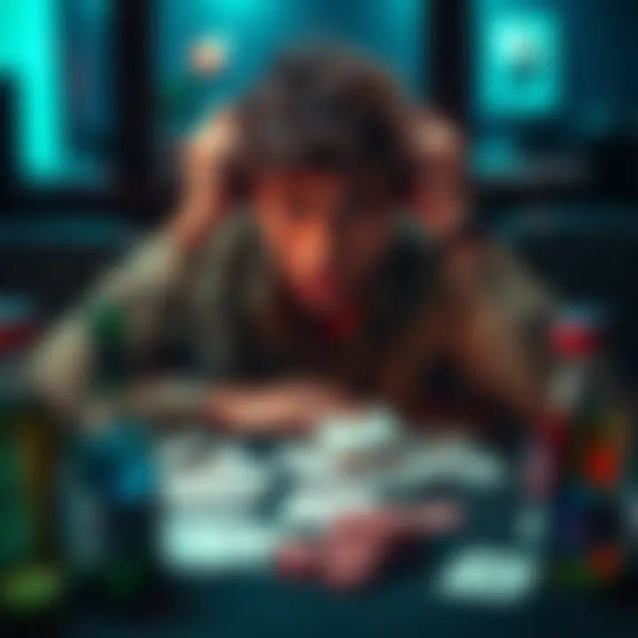 Person Struggling with Gambling A person sitting at a table surrounded by playing cards and empty drink bottles, looking stressed and worried about their financial situation.